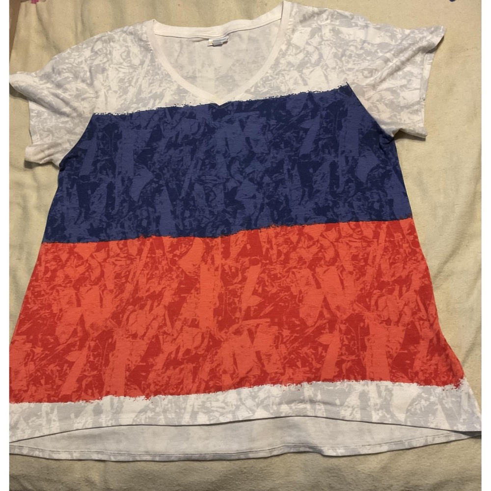 LuLaRoe Shirt Womens 2XL Multicolor V Neck Colorblock Short Sleeve Stretch Top‎